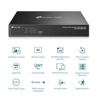 NVR 8 canaux 8 RJ45 PoE+ 53W HDMI 4K H265 1 HDD AI